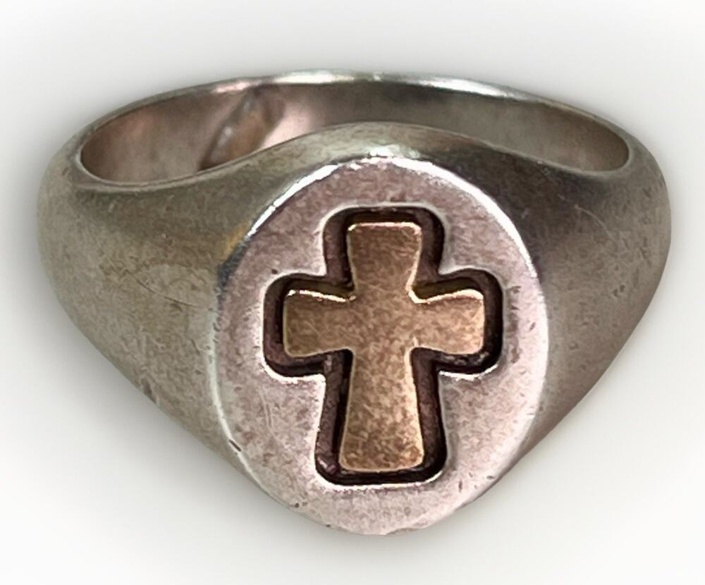 James Avery 14K Gold & Sterling Silver Cross Signet Ring Sz 6.5 Retired - 5.7g